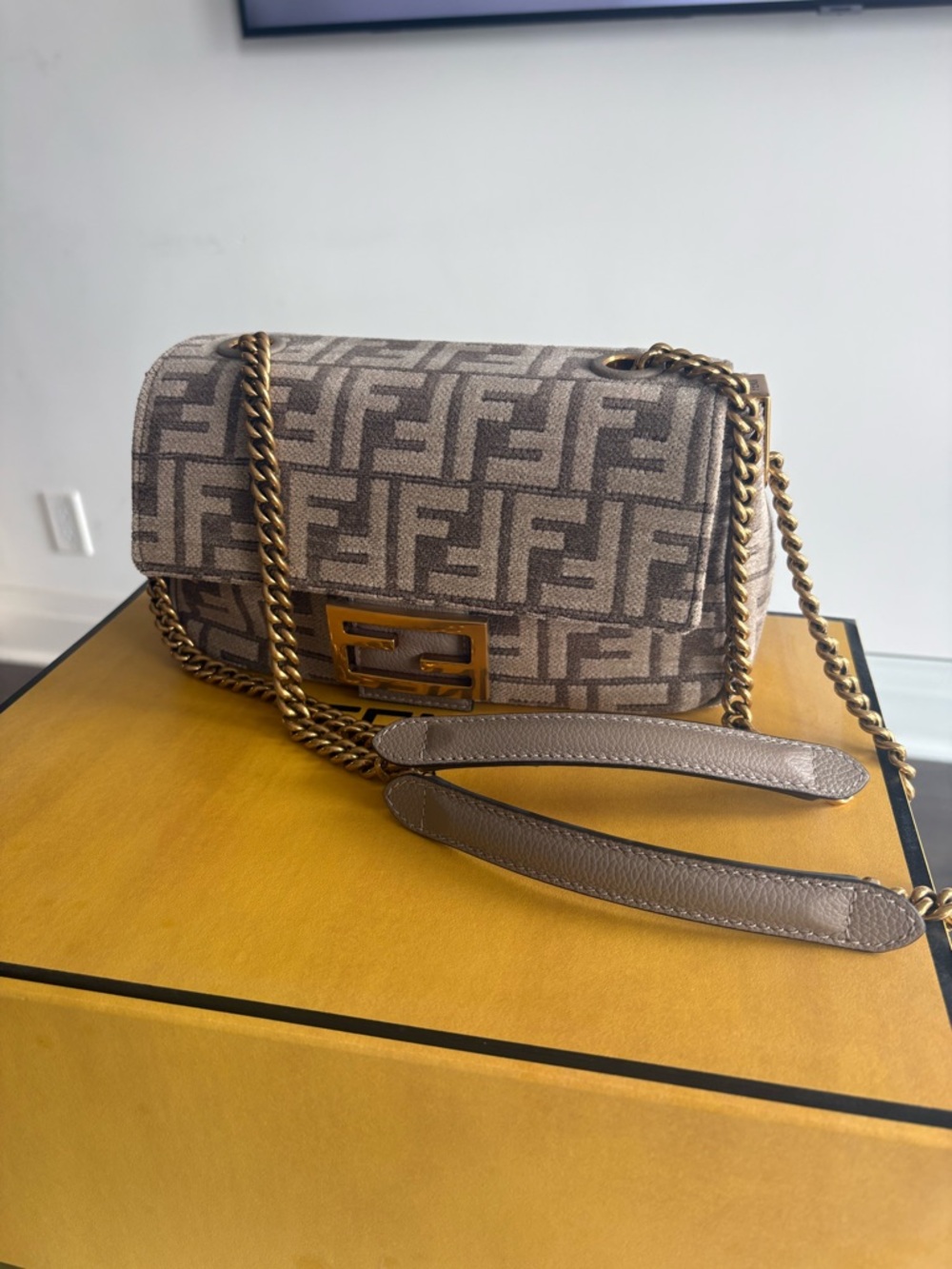 Fendi Beige Taupe Monogram Shoulder Bag with Gold Chain